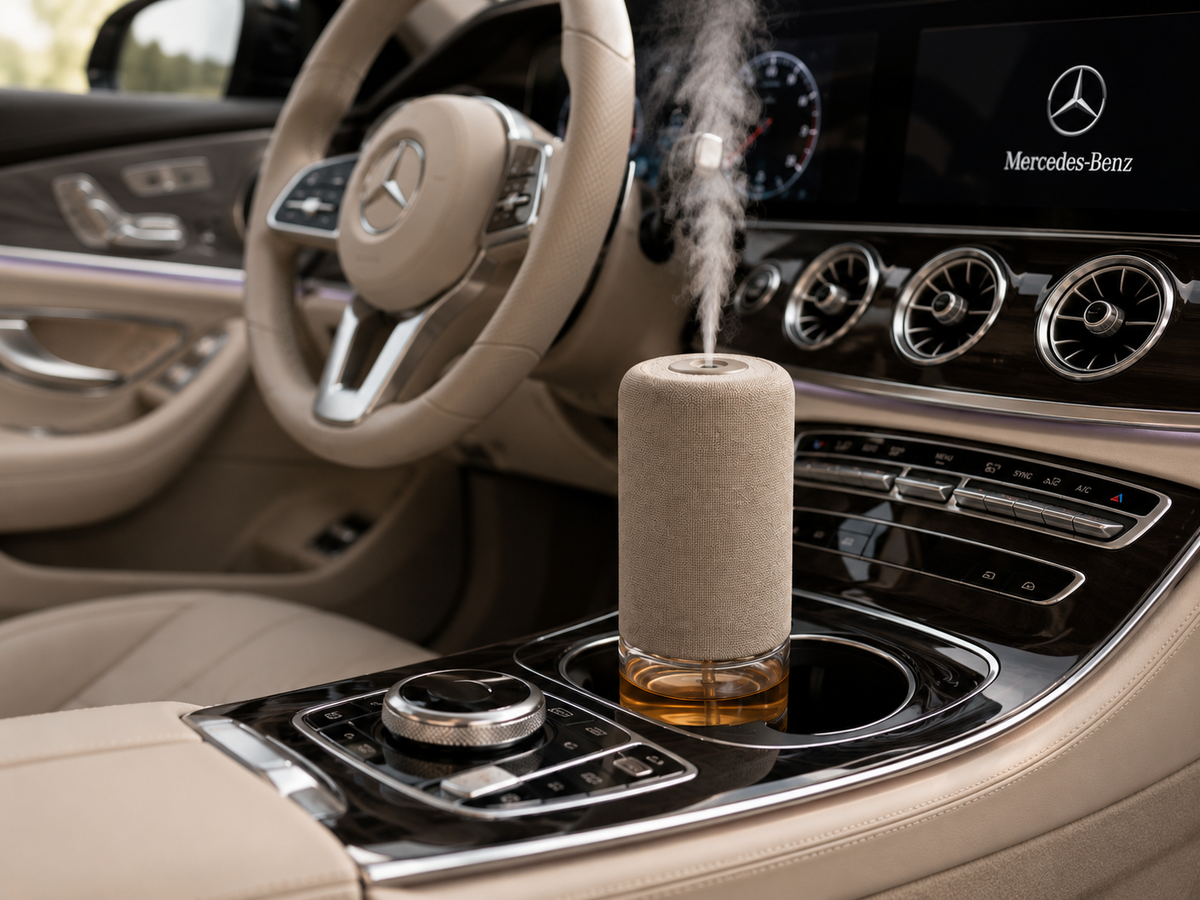 WELLMEDICA SOUL VELOURS Diffusor mit Textilbezug in der Mittelkonsole eines Mercedes-Benz